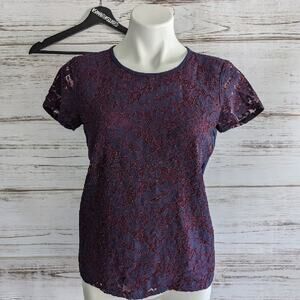 Truly Poppy Lace Overlay Short Sleeve Top sz Small Navy Blue